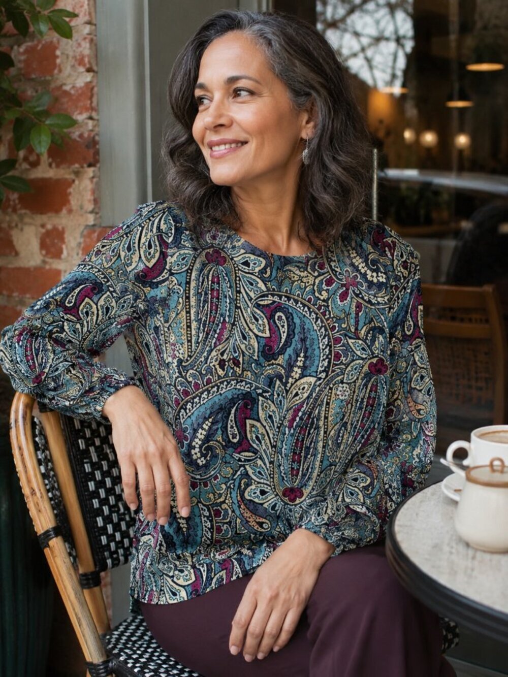 J. Jill Carmine Blouse Small Petite Paisley Layer Long Sleeve Boho 60-70s Print